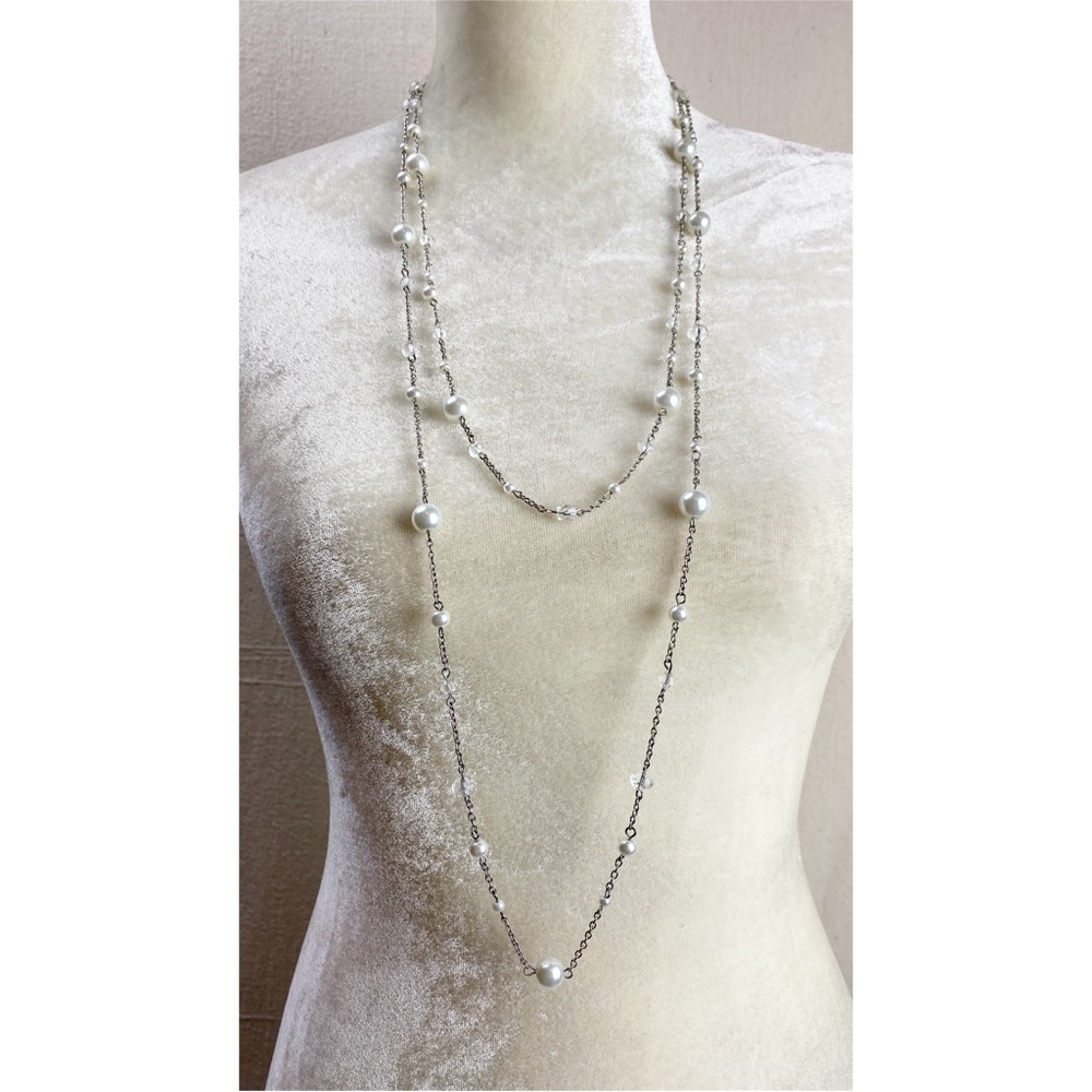 Express Elegant Double Strand Silver and faux Pearl Necklace